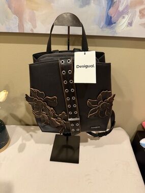 Desigual Brown Backpack with Brown Floral Appliqué